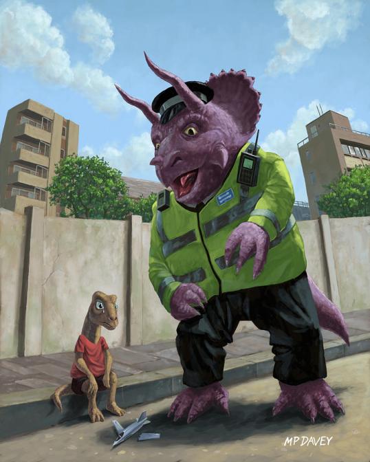 Dinosaur Community Policeman Helping Youngster by Martin Davey