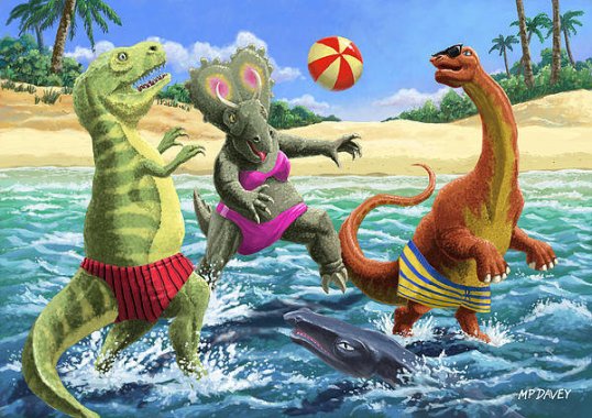 Dinosaur Fun Playing Volleyball On A Beach Vacation by Martin Davey